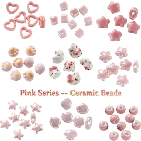 Pink Ceramic Loose Beads Irregular Cute Cat Heart Star Shape Cream Texture Glazed Ceramic Beads For DIY Jewelry Making Accessories