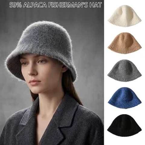 Women Winter Alpaca Wool Blend Knitted Bucket Hat Simple Solid Color Warm Fisherman Hat Vertical Stripe Basin Hat