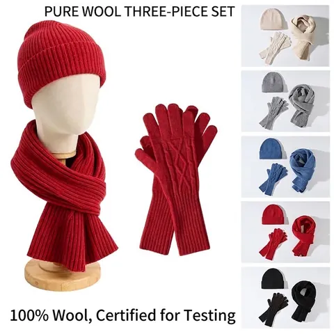 Collection Femme Bonnet Écharpe et Gants en Pure Laine Tricotée Combinaison Texture Côtelée Couleur Unie Chaud Hiver