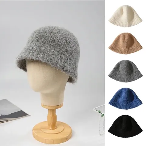 Women Winter Alpaca Wool Blend Knitted Bucket Hat Simple Solid Color Warm Fisherman Hat Vertical Stripe Basin Hat