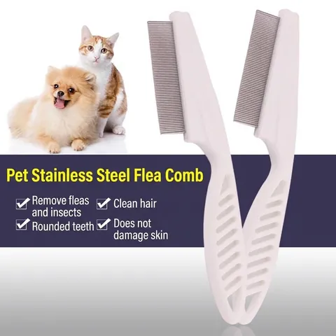 Professional Pet Flea Comb With High Density Stainless Steel Pins Portable Dog Cat Grooming Cleaning Brush Tool White Plastic Handle
