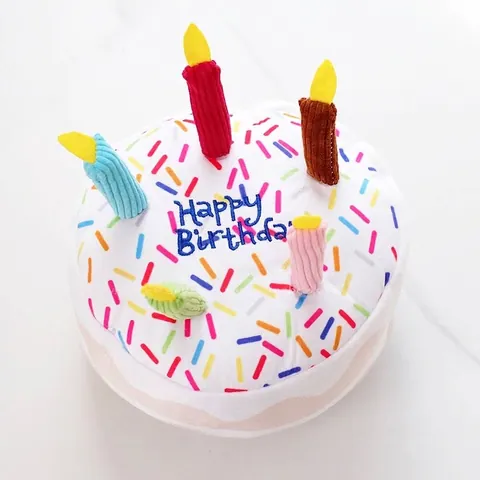 Jouet en Peluche Sonore pour Animaux Thème Anniversaire Gâteau Os Boîte Cadeau Forme Peluche Douce pour Chiens Chats