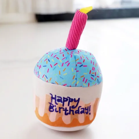 Jouet en Peluche Sonore pour Animaux Thème Anniversaire Gâteau Os Boîte Cadeau Forme Peluche Douce pour Chiens Chats