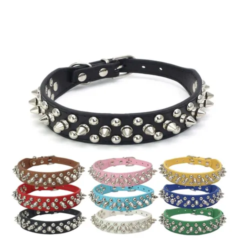 Collier et Laisse pour Animaux en Cuir PU à Rivets Punk Anti-Morsure Sangle de Cou Réglable pour Petits Moyens Chiens Chats