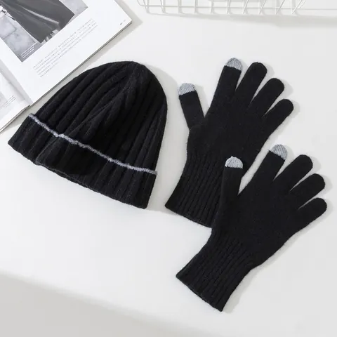 100% Pure Wool Winter Hat and Touchscreen Glove Set for Men Women Thick Warm Knitted Beanie and Gloves 2 Piece Suit