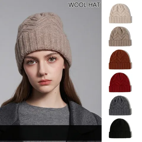 100% Wollen Gebreide Muts Voor Heren Dames Verdikte Warme Wintermuts Effen Kleur Mode Zachte Wollen Hoofddeksels Casual Accessoire