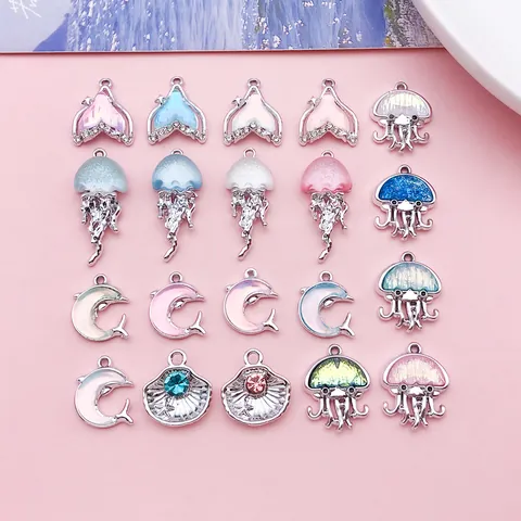 Dijes de Esmalte de Aleación de Zinc Estilo Oceánico para Creación de Joyas DIY Cola de Sirena Medusa Delfín Concha Colgantes de Strass
