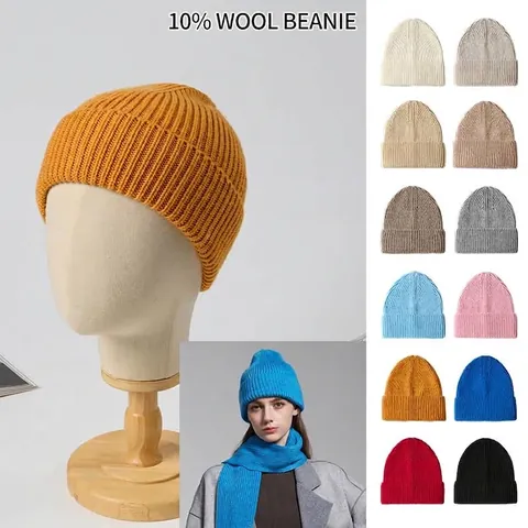 Women Men Knitted Beanie Hat Winter Warm Wool Blend Cuffed Skull Cap Solid Color Slouchy Outdoor Sports Headwear Fashion Accessory