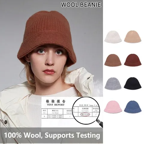 Women's 100% Wool Knitted Bucket Hat Solid Color Ribbed Winter Warm Fisherman Hat Elegant Vintage Cloche Hat Outdoor Soft Cap