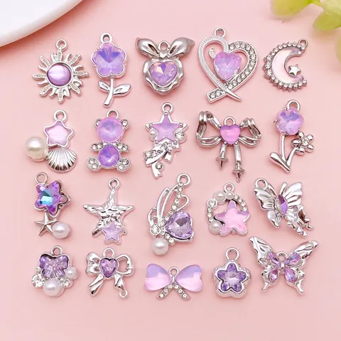 Lila Träumerische Strass Glas Herz Stern Schmetterling Blumen Anhänger Für DIY Schmuckherstellung Zinklegierung Künstliche Perlen