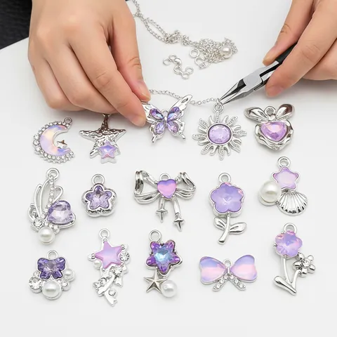 Lila Träumerische Strass Glas Herz Stern Schmetterling Blumen Anhänger Für DIY Schmuckherstellung Zinklegierung Künstliche Perlen