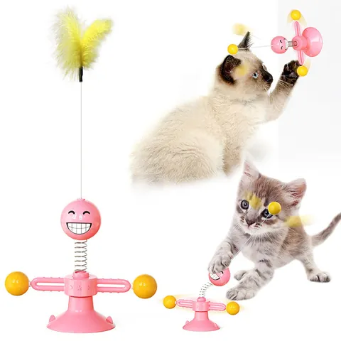 Multi-functional Suction Cup Spring Cat Toy with Feather and Ball Interactive Teasing Stick for Indoor Cats Playing Exercise