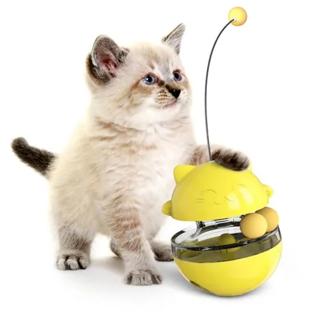 Interactive Cat Tumbler Toy With Teaser Wand And Slow Food Dispenser Lucky Cat Shaped Puzzle Treat Ball For Indoor Cats