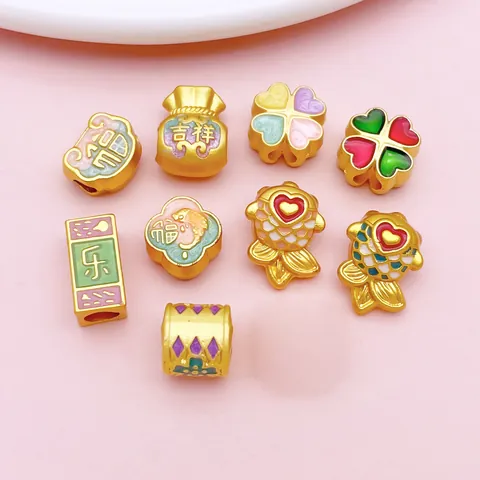 New Chinese Guochao Style Gold Alloy Enamel Spacer Beads Lucky Bag Koi Fish Clover DIY Jewelry Making Charms Accessories