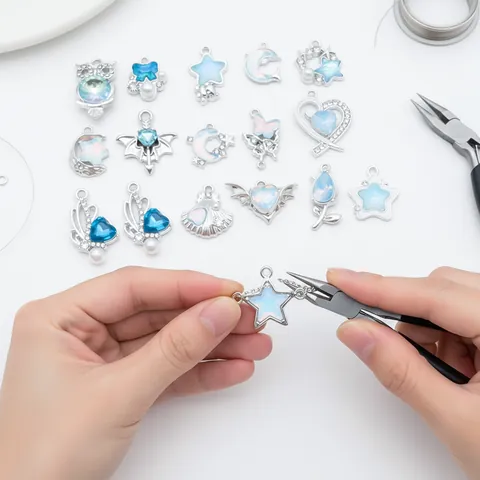Blue Zinc Alloy Glass Charm Pendant Sweet Heart Star Moon Butterfly DIY Jewelry Accessories For Necklace Bracelet Making