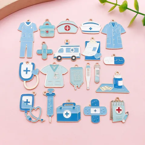 Medizinische Serie Legierung Emaille Charms Blau Krankenschwester Hut Krankenwagen Spritze Stethoskop Anhänger Für DIY Ohrring Armband Schmuckherstellung Zubehör