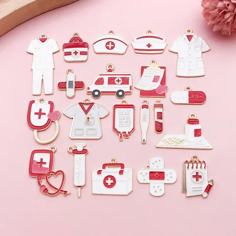 Medizinisches Thema Zinklegierung Emaille Charms Rot Weiß Krankenschwesternhut Krankenwagen Stethoskop DIY Schmuck Zubehör Für Ohrringe Halskette