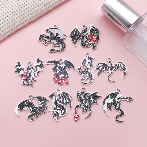 Dark Gothic Western Dragon Pendants Retro Zinc Alloy Enamel Dragon Rose Charms For DIY Jewelry Making Keychain Necklace Accessories