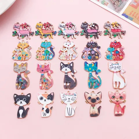 Cartoon Cat Enamel Pendants Painted Zinc Alloy Floral Mother Child Kitten DIY Jewelry Making Accessories Charms For Necklace Bracelet