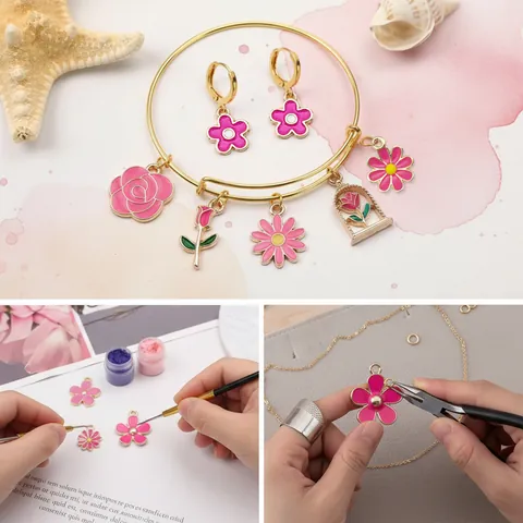 Floral Charms Enamel Flower Pendants Zinc Alloy Rose Daisy Tulip Jewelry Making Components For Earrings Bracelet Necklace DIY Accessories