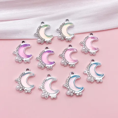 Irisierend Farbverlauf Sichelmond Anhänger Mit Strass Und Künstliche Perle Legierung Charms Für DIY Schmuckherstellung Halskette Zubehör Träumerisch Stern Mond Dekoration