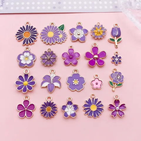 Dreamy Purple Enamel Flower Charms Zinc Alloy Daisy Tulip Rose Lily Pendant For DIY Earring Bracelet Jewelry Making Accessories