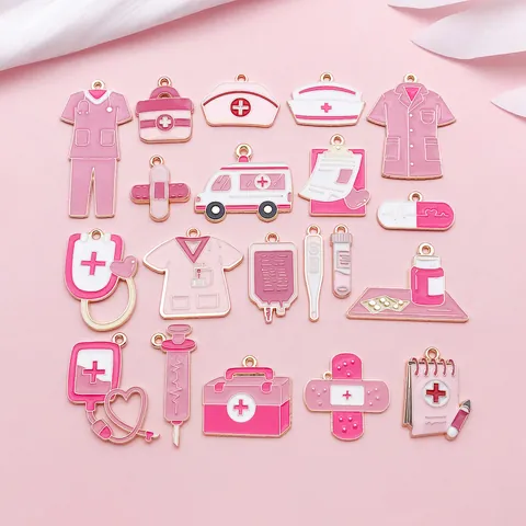 Pink Nurse Theme Enamel Drip Oil Zinc Alloy Medical Pendant Set Stethoscope Ambulance Syringe Shape Jewelry Making DIY Accessories