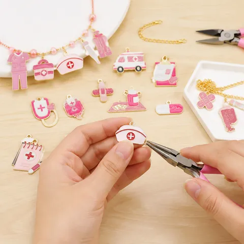 Pink Nurse Theme Enamel Drip Oil Zinc Alloy Medical Pendant Set Stethoscope Ambulance Syringe Shape Jewelry Making DIY Accessories