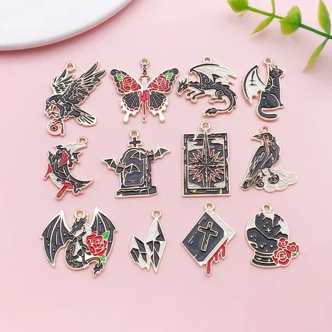 Gothic Dark Style Dragon Raven Sword Tombstone Zinc Alloy Enamel Charms DIY Earring Keychain Jewelry Accessories Halloween Gift