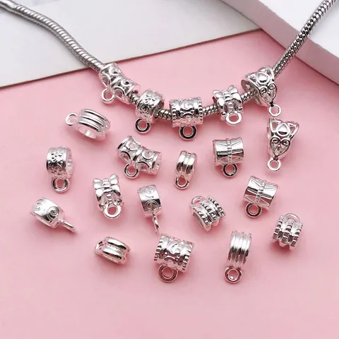 Retro Bright Silver Alloy Bail Beads Multiple Styles Vintage Floral Pattern Connector For Necklace Bracelet Jewelry Making