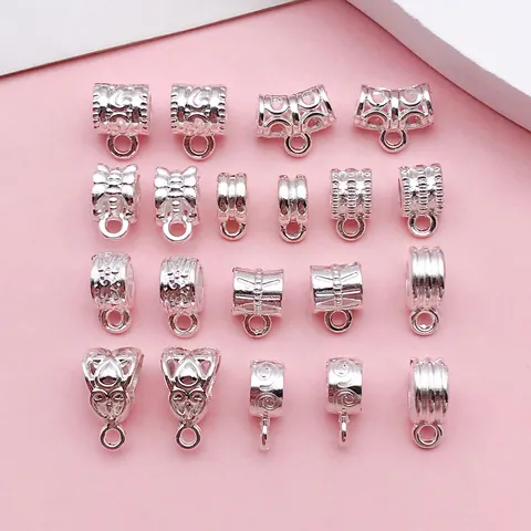 Retro Bright Silver Alloy Bail Beads Multiple Styles Vintage Floral Pattern Connector For Necklace Bracelet Jewelry Making