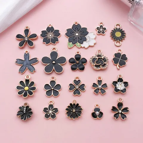 Zwarte Emaille Bloem Charms Zinklegering Strass Kunstparel Florale Hangers Voor DIY Oorbellen Armband Sieraden Maken
