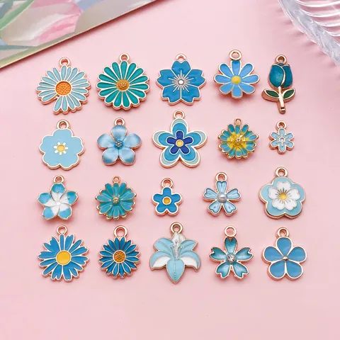 20Pcs Lake Blue Flower Enamel Pendants Zinc Alloy Daisy Tulip Sakura Lily Charms For DIY Earrings Bracelet Jewelry Making Accessories