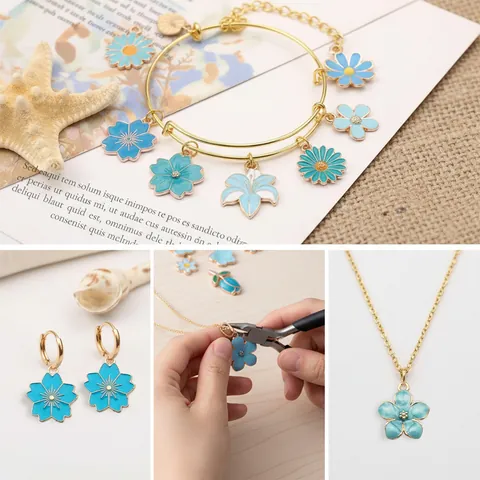 20Pcs Lake Blue Flower Enamel Pendants Zinc Alloy Daisy Tulip Sakura Lily Charms For DIY Earrings Bracelet Jewelry Making Accessories