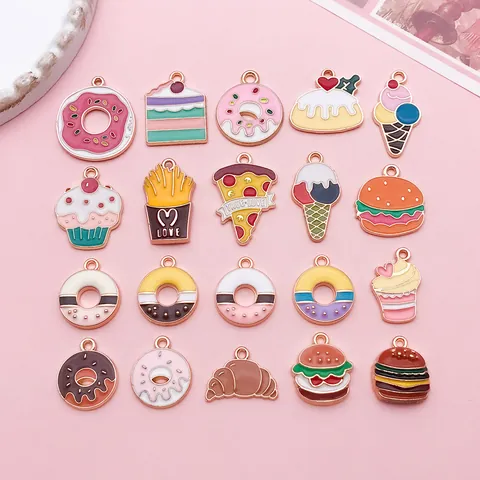 DIY Zinc Alloy Enamel Food Charms Donut Hamburger Pizza Ice Cream Cake Pendants for Keychain Jewelry Making Accessories