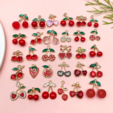 Breloques Fruits Cerise Fraise Alliage Zinc Émail Strass Pour Fabrication Bijoux DIY Pendentifs Colliers Boucles Oreilles