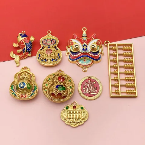 Chinese Style Ancient Gold Alloy Enamel Charms For DIY Jewelry Making Abacus Gourd Dancing Lion Koi Fish Pendant Set Accessories