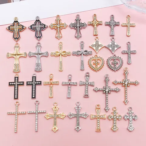 Legierung Strass Kreuz Anhänger Charms Für DIY Schmuckherstellung Halskette Ohrringe Zubehör Herz Stern Religiös Gold Silber
