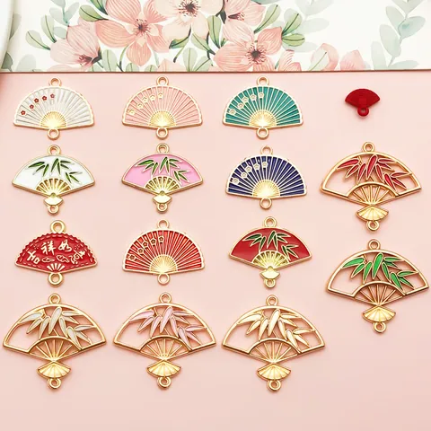 New Chinese Style Enamel Alloy Fan Pendants Plum Blossom Bamboo Leaf DIY Jewelry Findings For Hairpin Earring Tassel Accessories