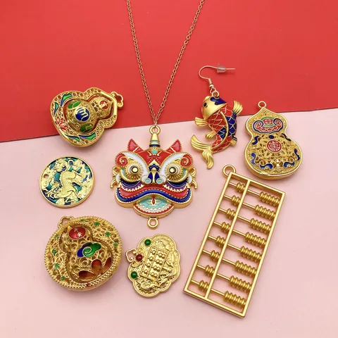 Chinese Style Ancient Gold Alloy Enamel Charms For DIY Jewelry Making Abacus Gourd Dancing Lion Koi Fish Pendant Set Accessories