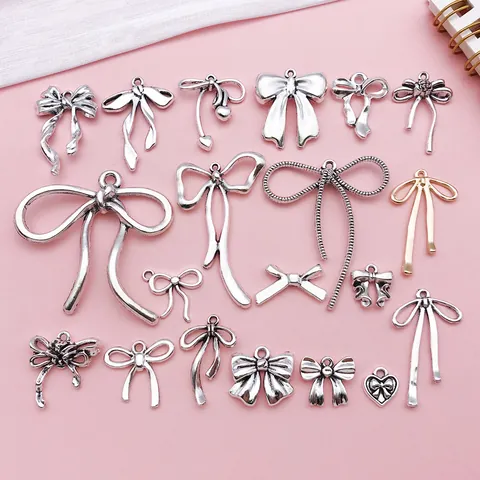 Antique Silver Bowknot Alloy Pendants Hollow Out Strappy Bow DIY Jewelry Making Accessories For Necklace Clothing Decor