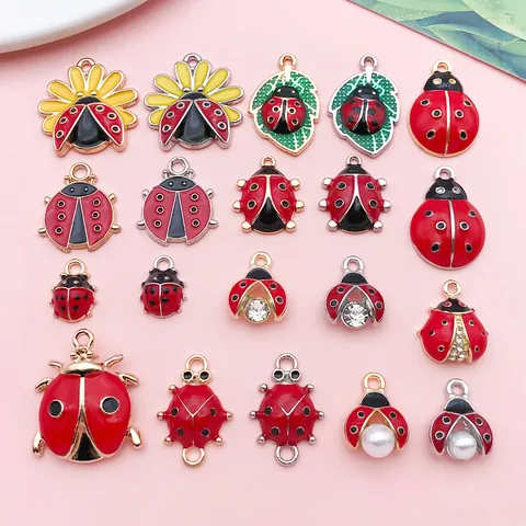 Alloy Enamel Ladybug Beetle Charms For DIY Jewelry Making Rhinestone Artificial Pearl Insects Pendants Accessories Crafting Supplies