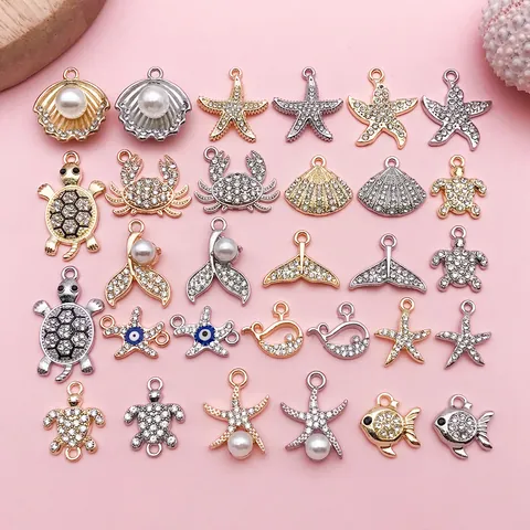 Ocean Theme Alloy Rhinestone Charms Marine Life Turtle Starfish Shell Dolphin Pendants For DIY Necklace Jewelry Making
