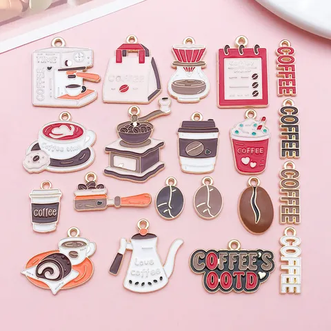 Coffee Series Zinc Alloy Enamel Charms For DIY Jewelry Making Pendants Coffee Machine Bean Cup Cake Dessert Cartoon Style Pendants