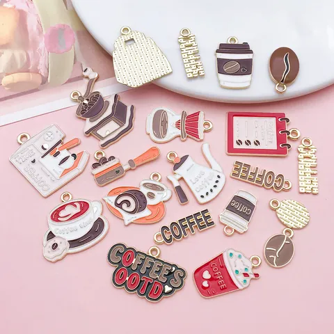 Coffee Series Zinc Alloy Enamel Charms For DIY Jewelry Making Pendants Coffee Machine Bean Cup Cake Dessert Cartoon Style Pendants