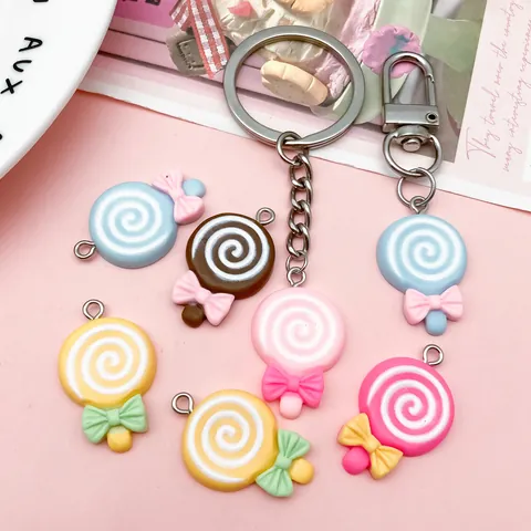 DIY Resin Lollipop Bow Charms Pendants Sweet Colorful Candy Keychain Bag Accessories For Jewelry Making Girls Women Gift