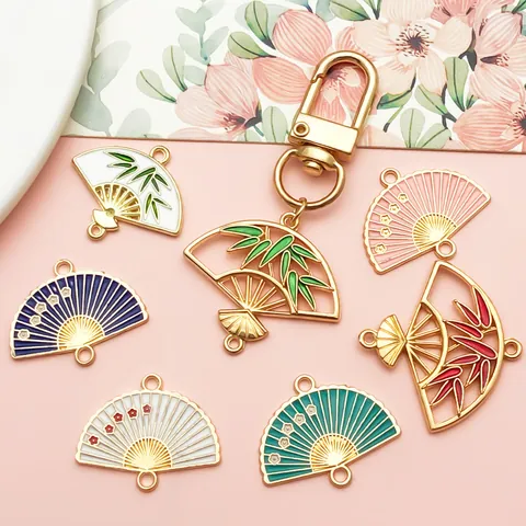 New Chinese Style Enamel Alloy Fan Pendants Plum Blossom Bamboo Leaf DIY Jewelry Findings For Hairpin Earring Tassel Accessories