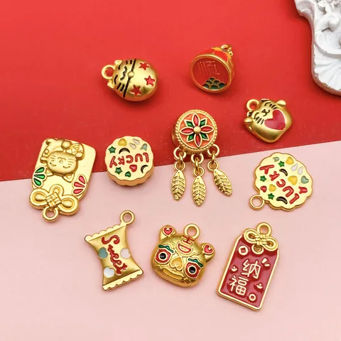 Sand Gold Enamel Lucky Cat Lucky Star Pendants For DIY Jewelry Making Traditional Chinese Style Charms For Necklace Bracelet Making Accessory