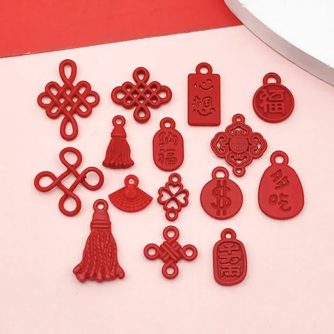 Ciondoli in Lega di Stile Cinese Rosso Capodanno Pendenti in Smalto per Creazione di Gioielli DIY Nodo della Fortuna Nappine Decorazioni Appendere Casa