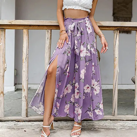 Women High Waisted Wide Leg Pants Digital Floral Print Split Hem Loose Casual Trousers Bohemian Beach Holiday Style